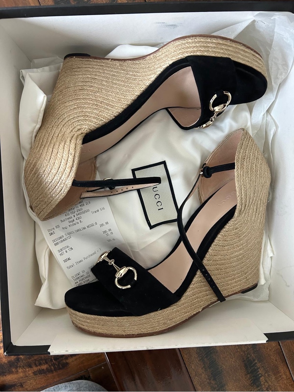 Gucci Black Suede Espadrille Wedge Sandals with Gold Horsebit